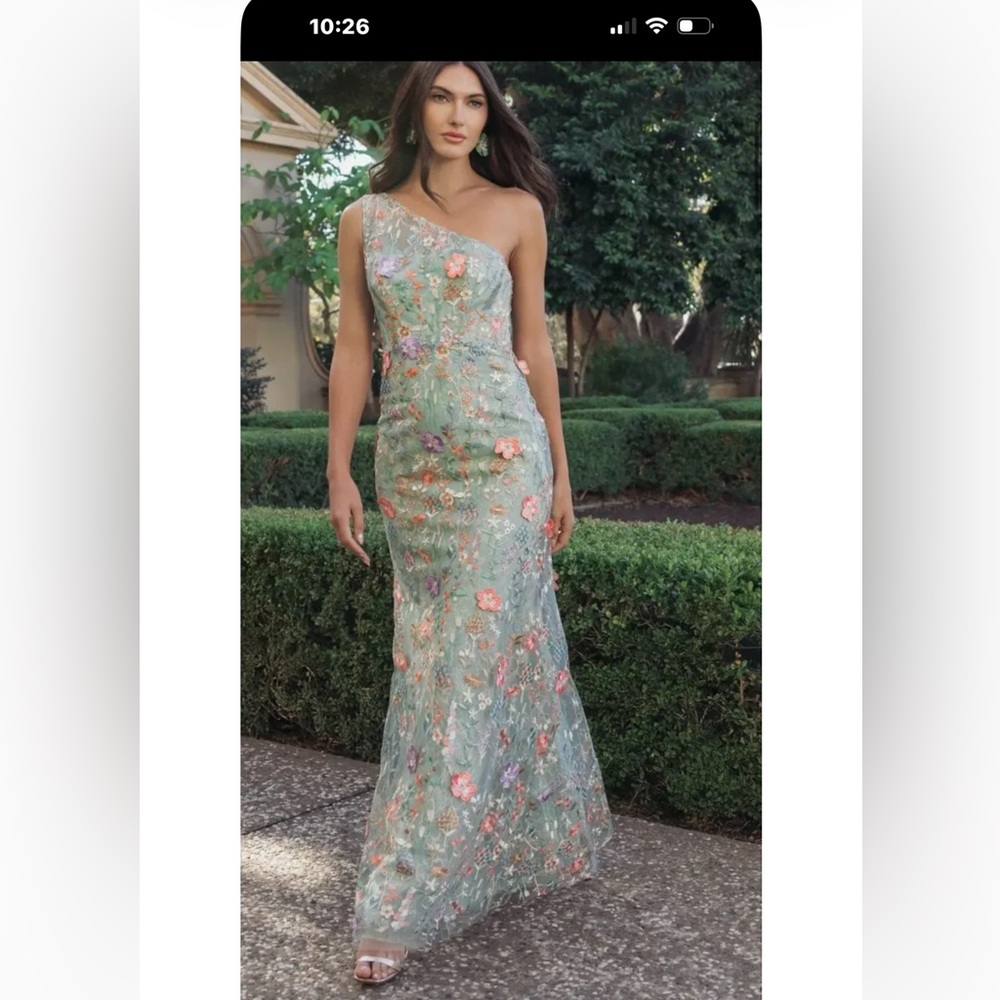 Mac Duggal One-Shoulder Embroidered Mint Green Gown with Pink Floral Appliqué